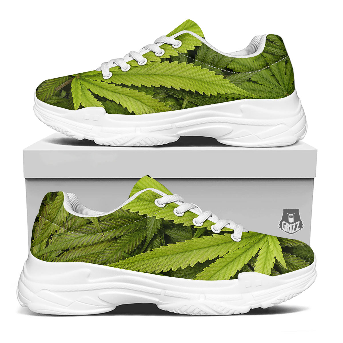 Pot Leaf Green Print White Chunky Shoes-grizzshop