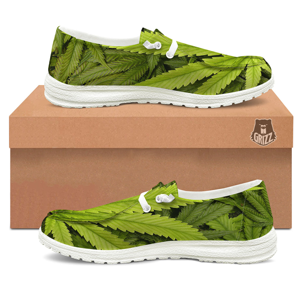 Pot Leaf Green Print White Loafers-grizzshop
