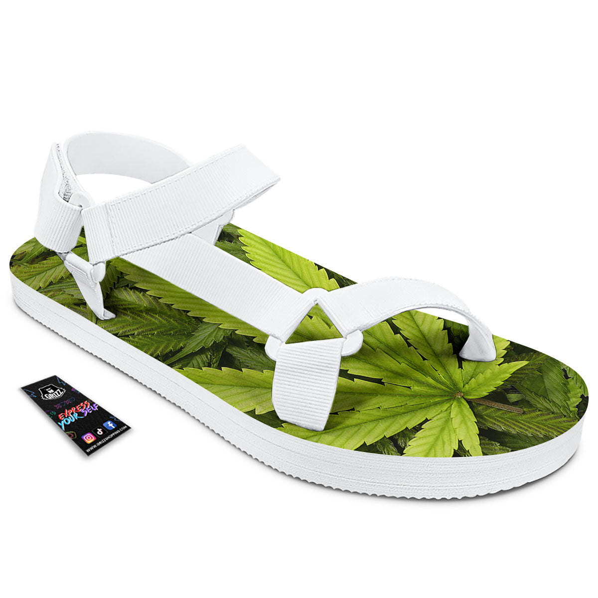 Pot Leaf Green Print White Open Toe Sandals-grizzshop