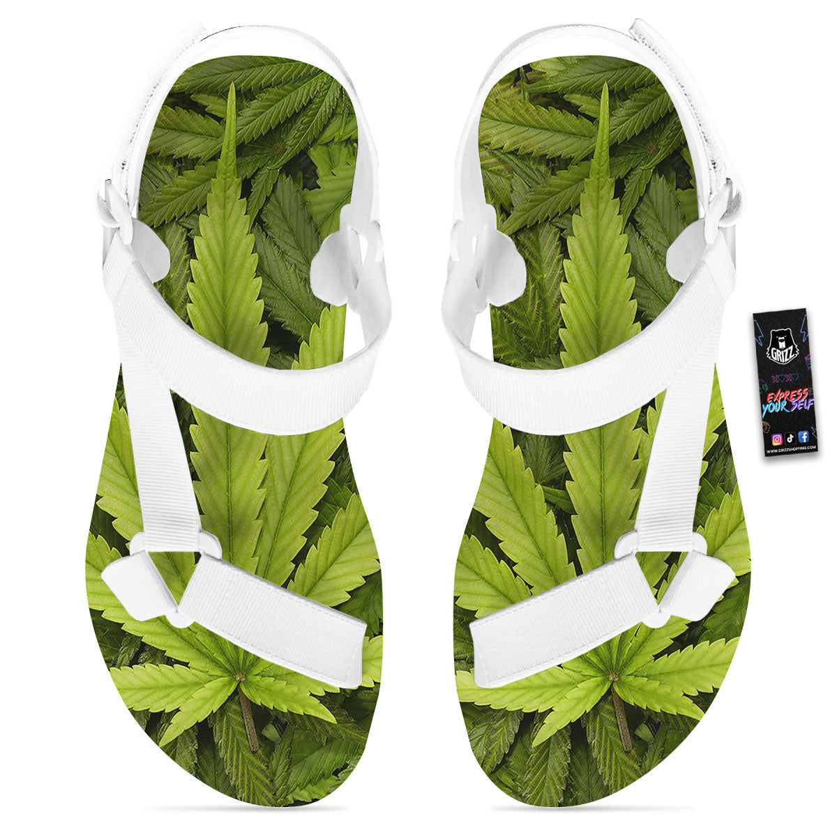 Pot Leaf Green Print White Open Toe Sandals-grizzshop