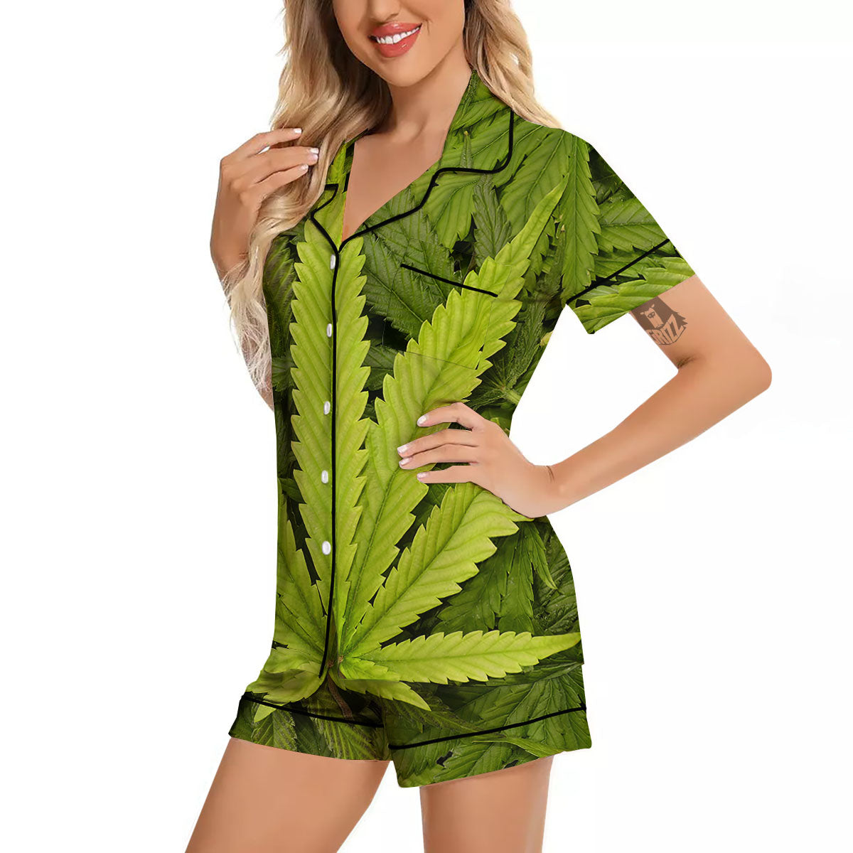 Pot Leaf Green Print Women Silk Pajamas-grizzshop