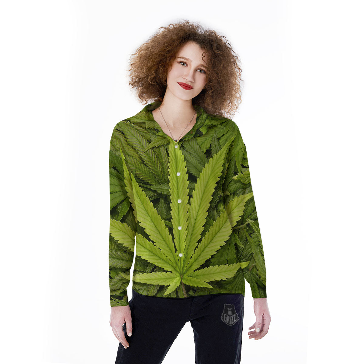 Pot Leaf Green Print Women's Long Sleeve Shirts-grizzshop