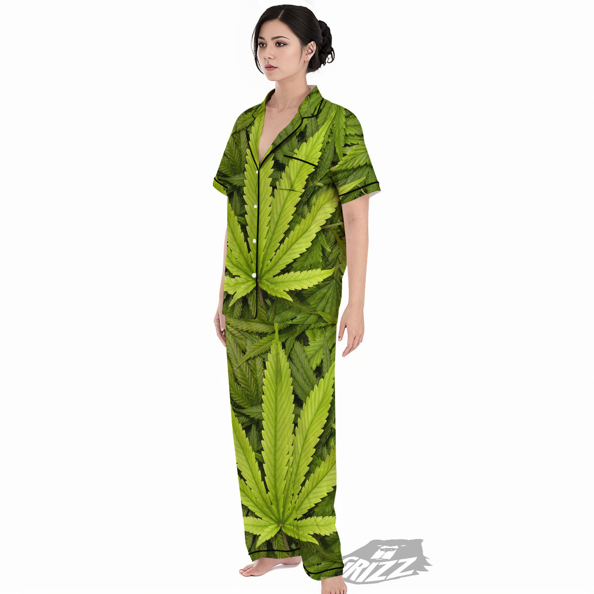 Pot Leaf Green Print Women's Pajamas Set-grizzshop