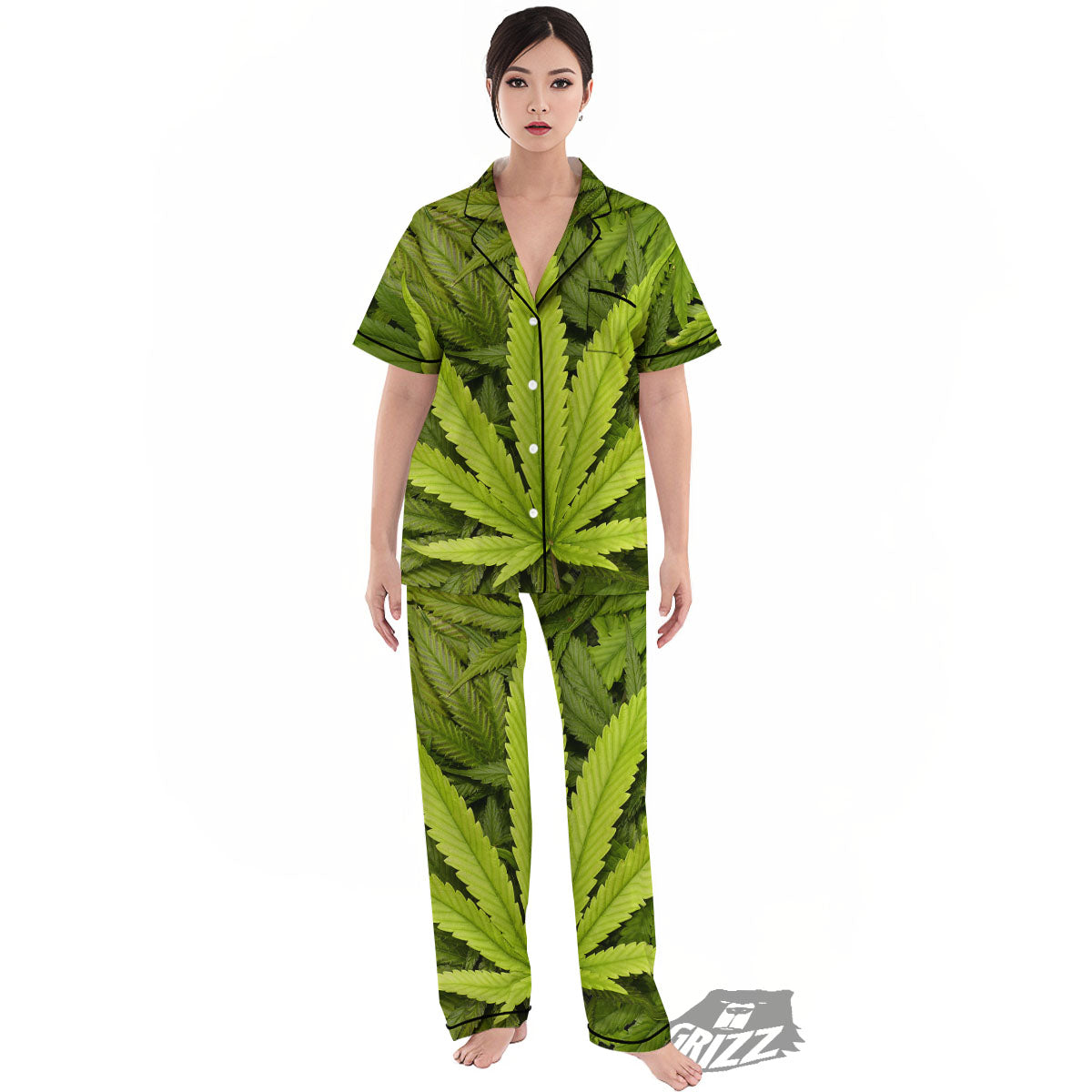Pot Leaf Green Print Women's Pajamas Set-grizzshop
