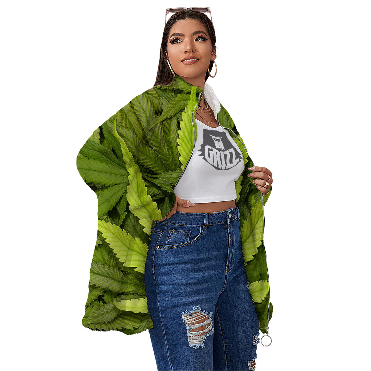 Pot Leaf Green Print Women's Sherpa Jacket-grizzshop