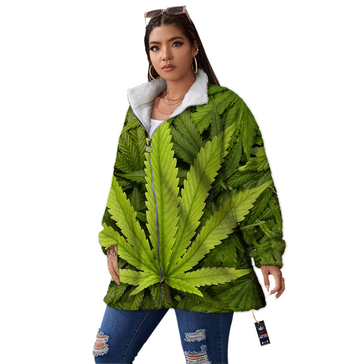 Pot Leaf Green Print Women's Sherpa Jacket-grizzshop