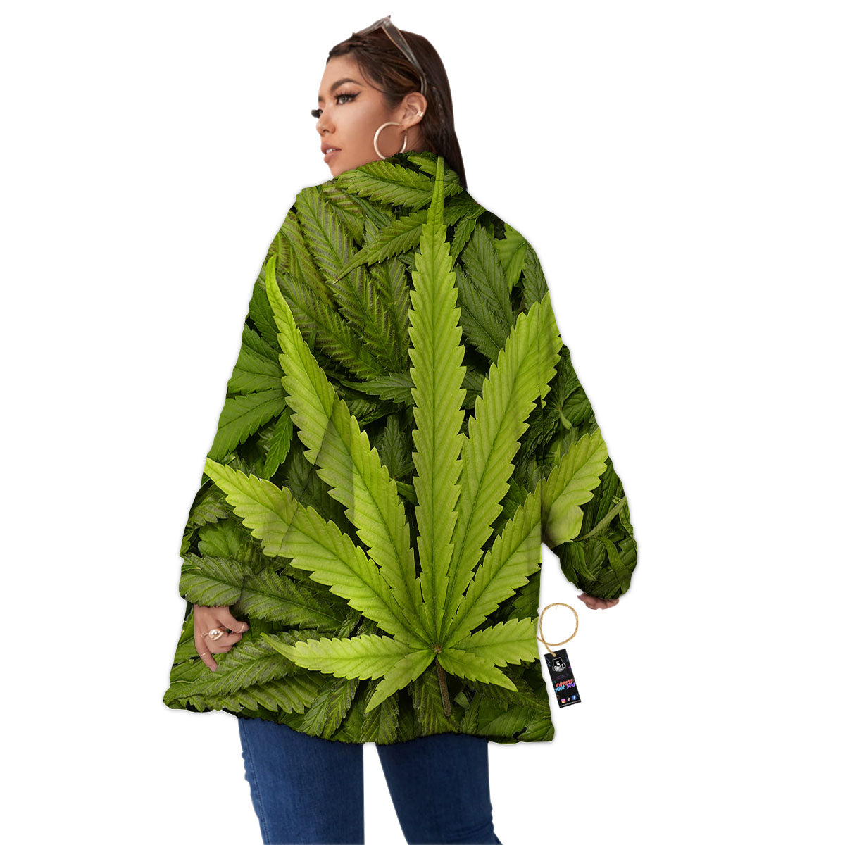Pot Leaf Green Print Women's Sherpa Jacket-grizzshop