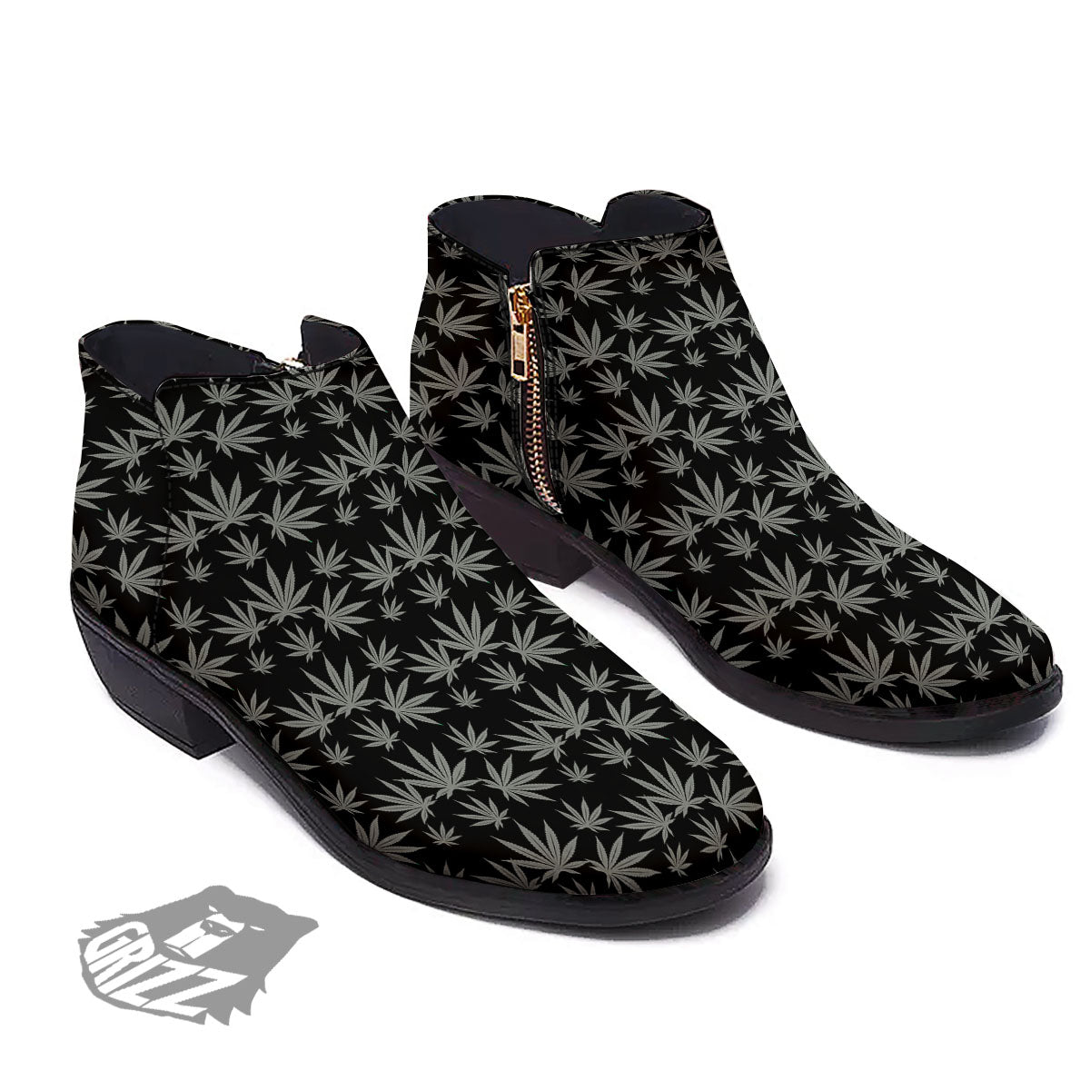 Pot Leaf Grey And Black Print Pattern Ankle Boots-grizzshop