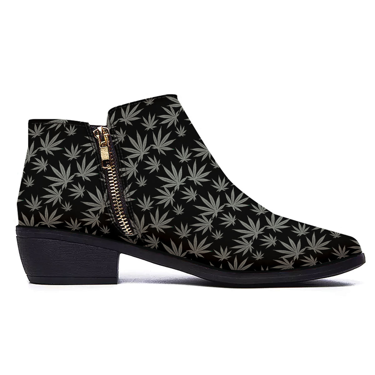 Pot Leaf Grey And Black Print Pattern Ankle Boots-grizzshop