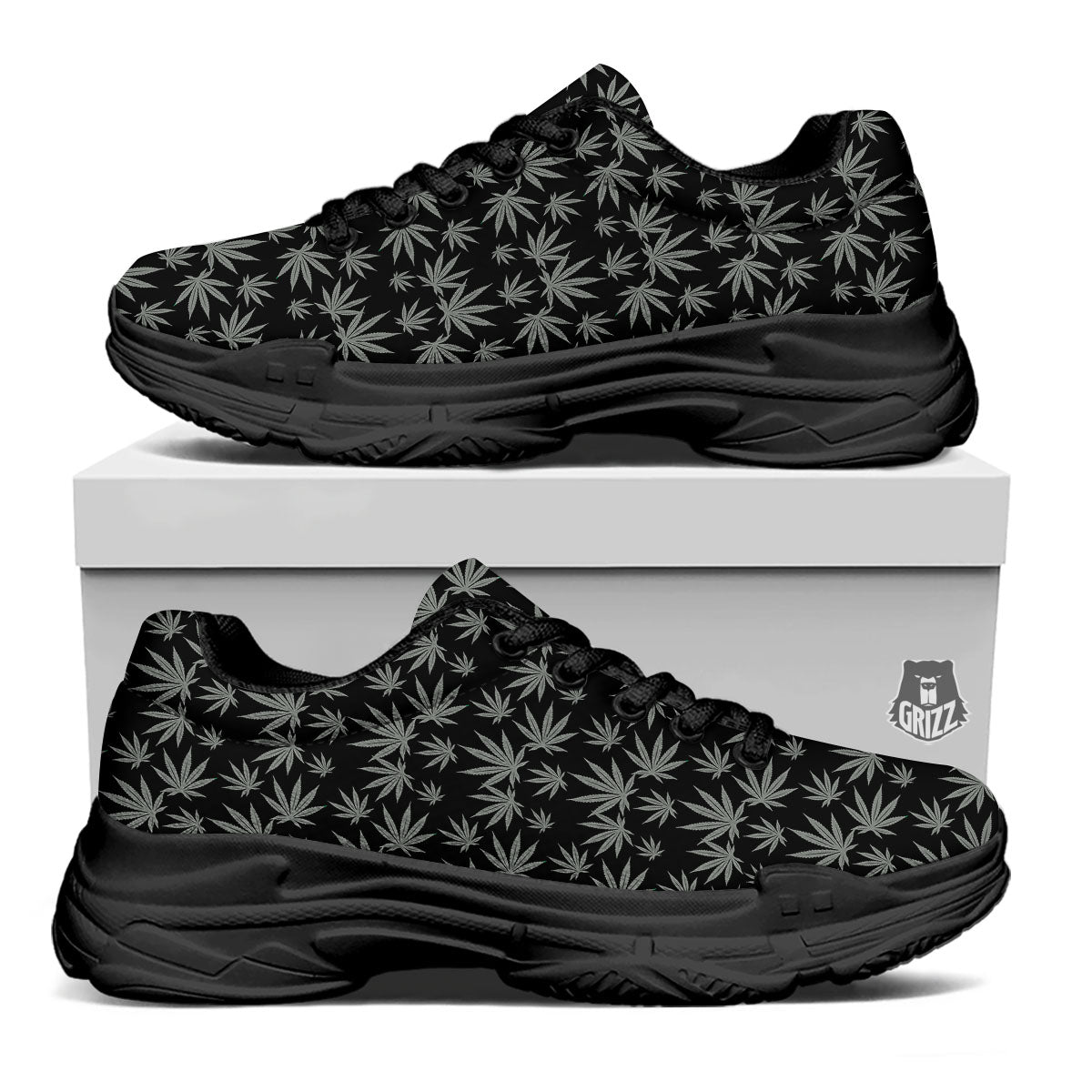 Pot Leaf Grey And Black Print Pattern Black Chunky Shoes-grizzshop