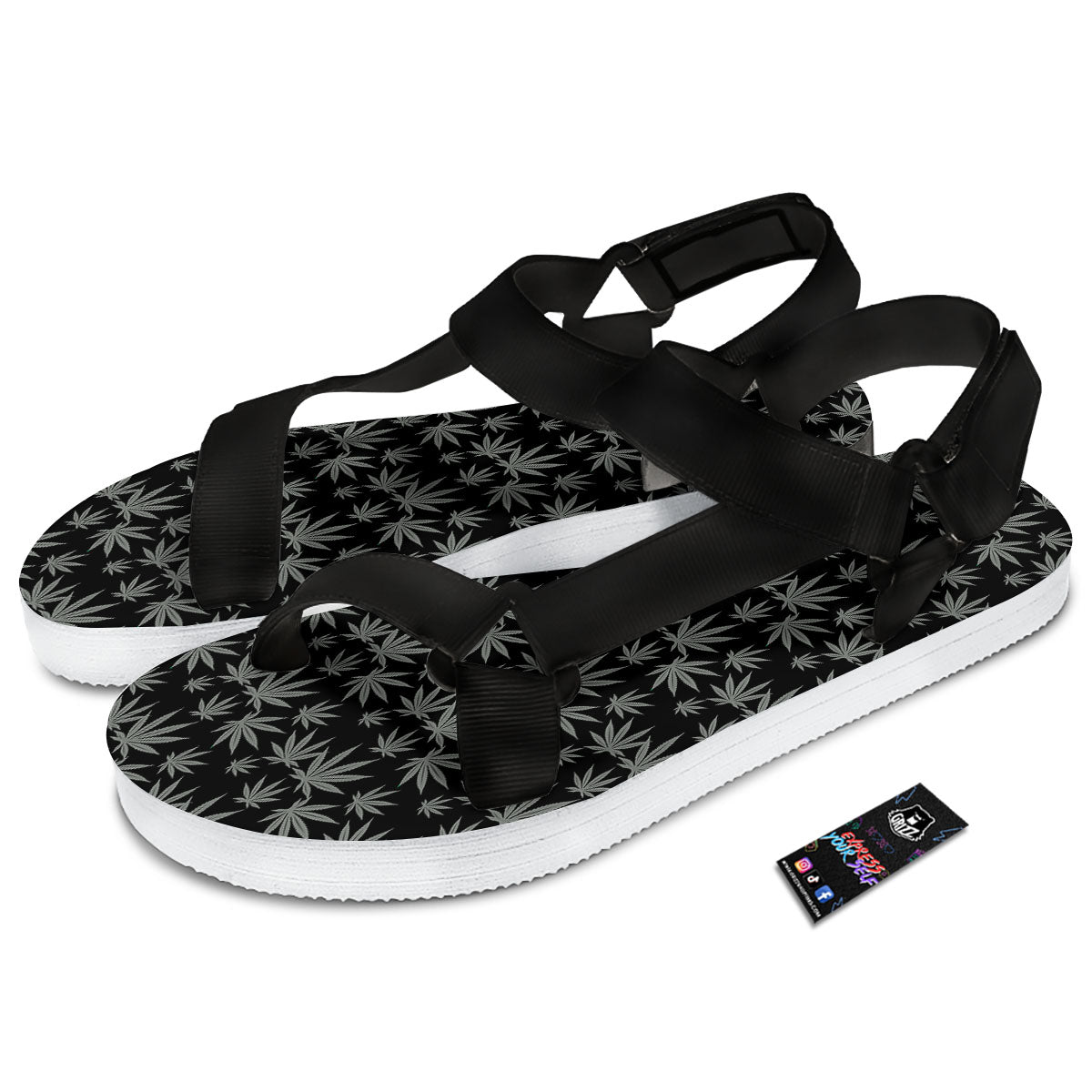 Pot Leaf Grey And Black Print Pattern Black Open Toe Sandals-grizzshop
