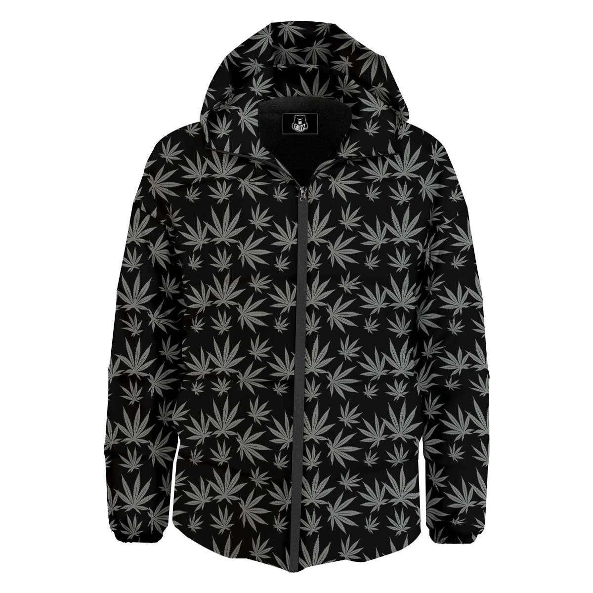 Pot Leaf Grey And Black Print Pattern Down Jacket-grizzshop