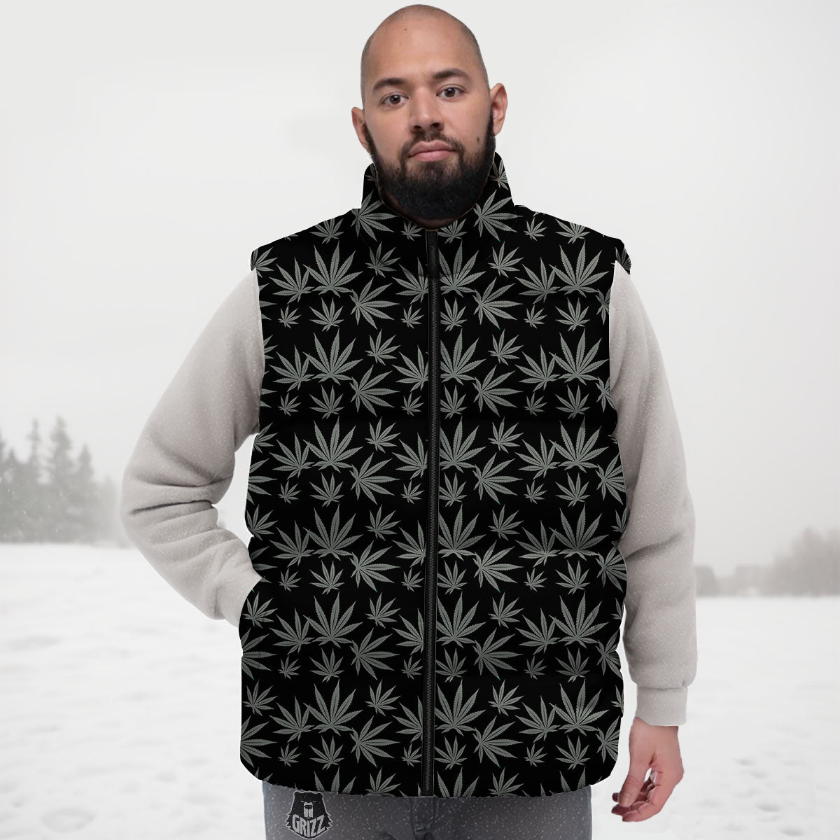 Pot Leaf Grey And Black Print Pattern Down Vest