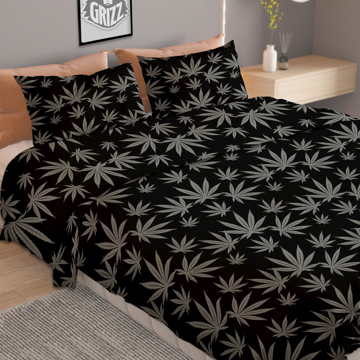 Pot Leaf Grey And Black Print Pattern Duvet Cover Bedding Set