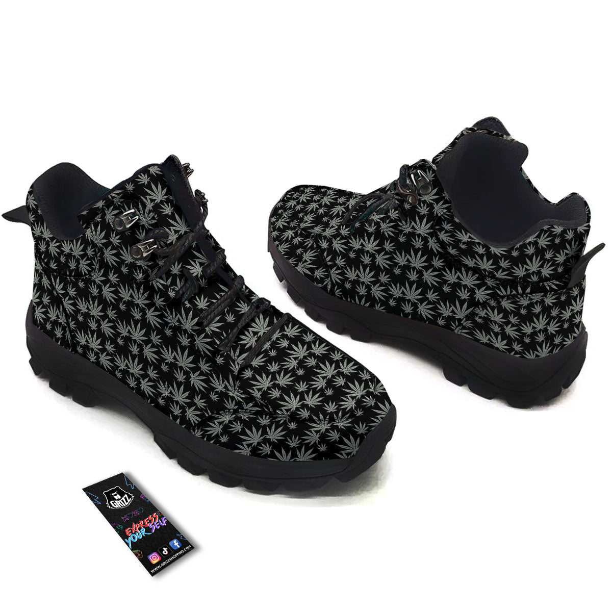 Pot Leaf Grey And Black Print Pattern Hiking Shoes-grizzshop