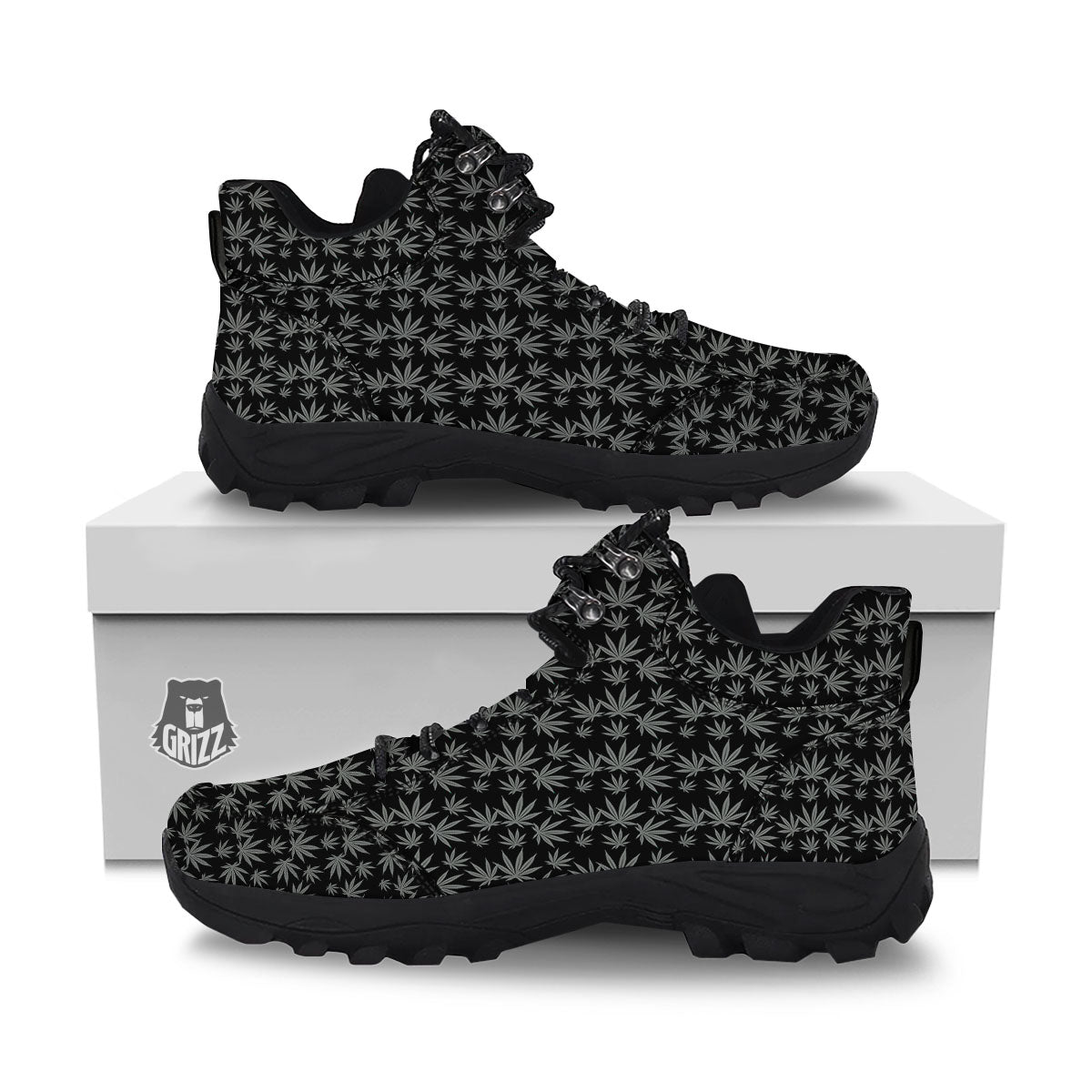 Pot Leaf Grey And Black Print Pattern Hiking Shoes-grizzshop