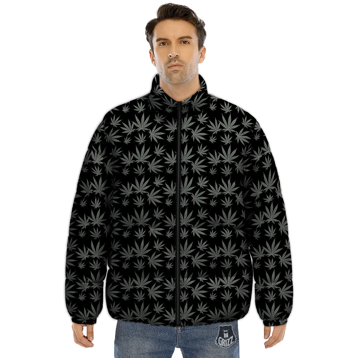 Pot Leaf Grey And Black Print Pattern Puffer Jacket-grizzshop