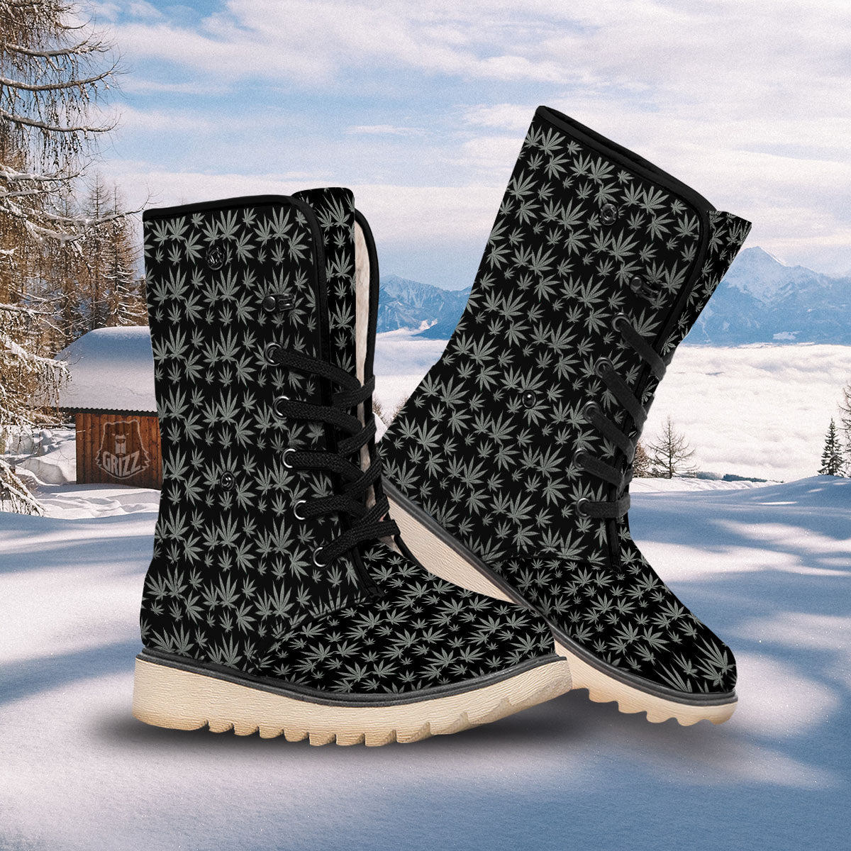 Pot Leaf Grey And Black Print Pattern Snow Boots-grizzshop