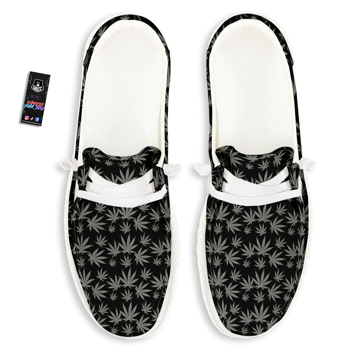 Pot Leaf Grey And Black Print Pattern White Loafers-grizzshop