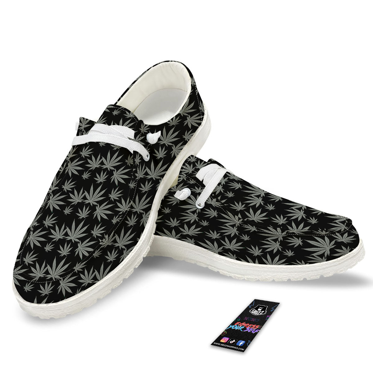 Pot Leaf Grey And Black Print Pattern White Loafers-grizzshop