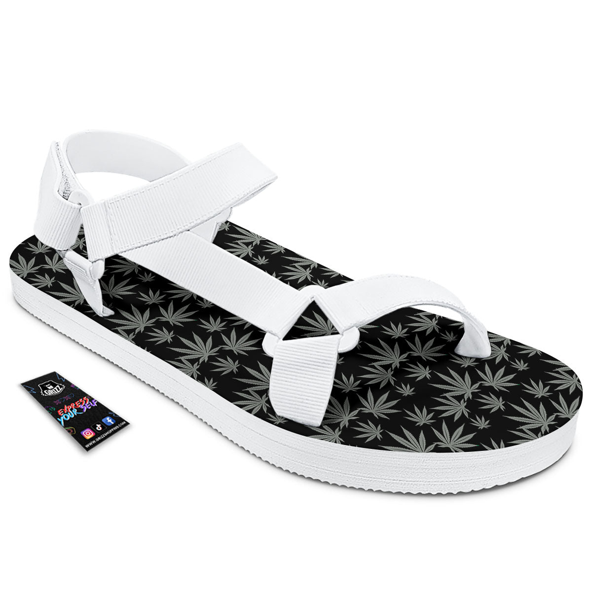 Pot Leaf Grey And Black Print Pattern White Open Toe Sandals-grizzshop