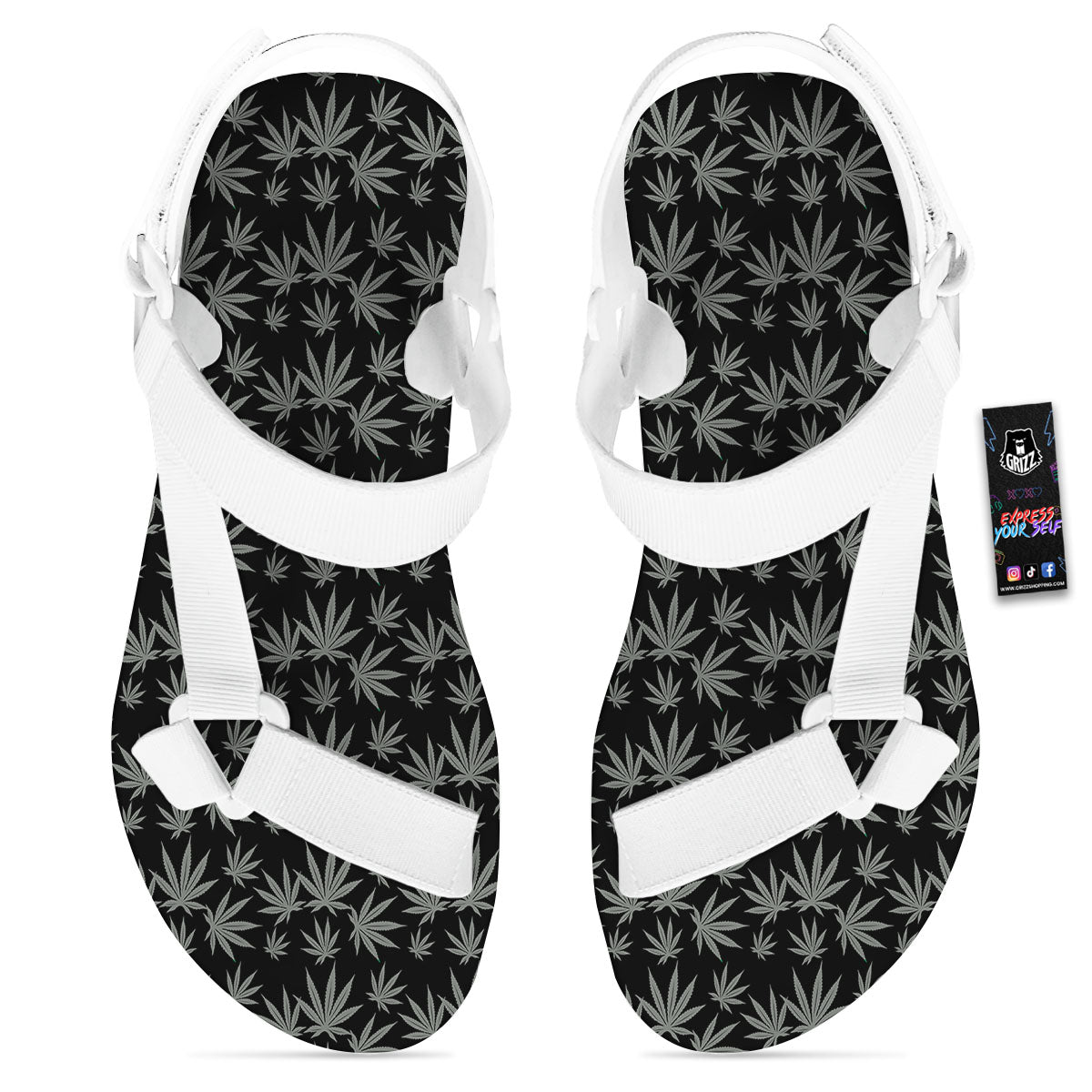Pot Leaf Grey And Black Print Pattern White Open Toe Sandals-grizzshop