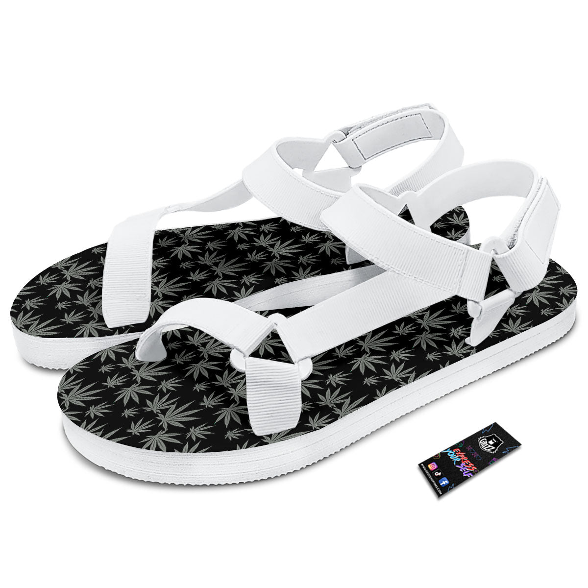 Pot Leaf Grey And Black Print Pattern White Open Toe Sandals-grizzshop