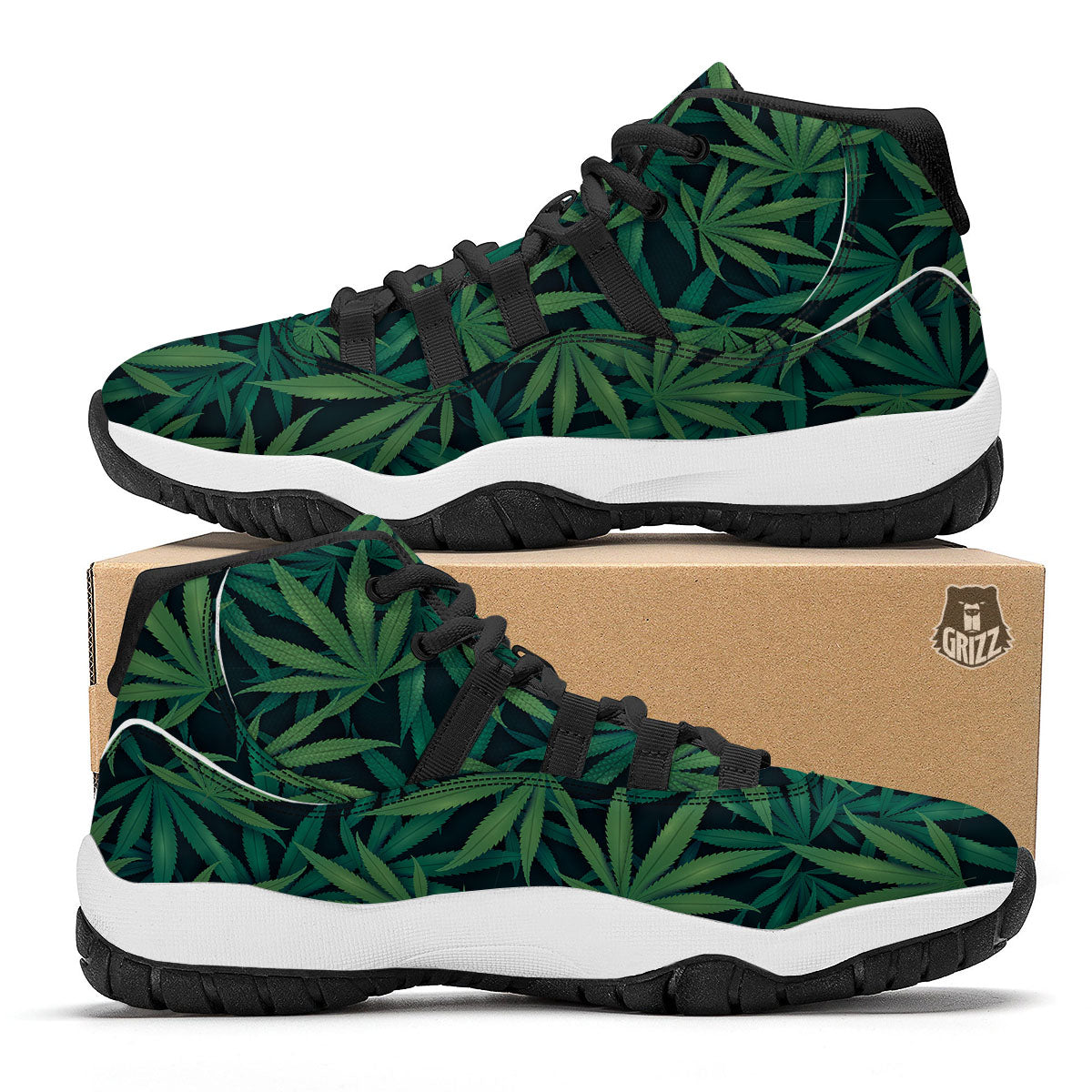 Pot Leaf Print Pattern Black Bball Shoes-grizzshop