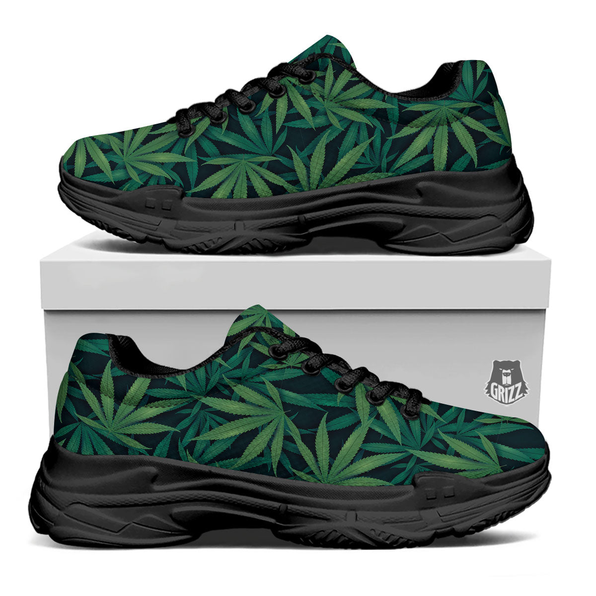 Pot Leaf Print Pattern Black Chunky Shoes-grizzshop