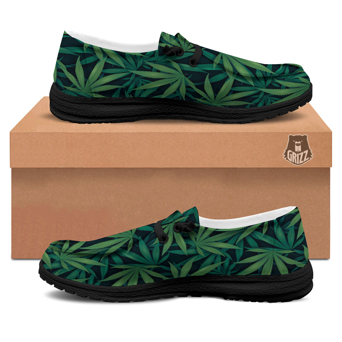 Pot Leaf Print Pattern Black Loafers-grizzshop