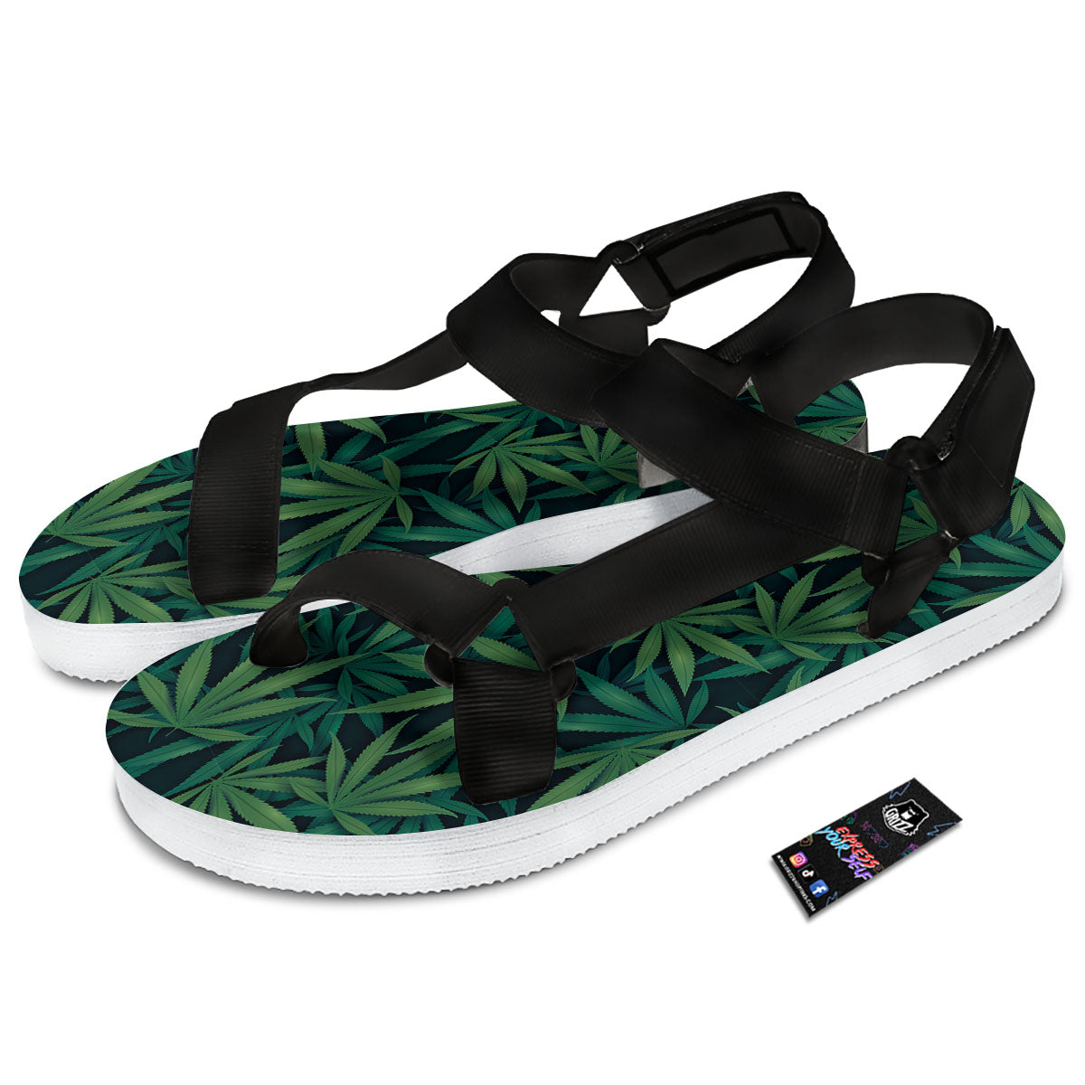 Pot Leaf Print Pattern Black Open Toe Sandals-grizzshop