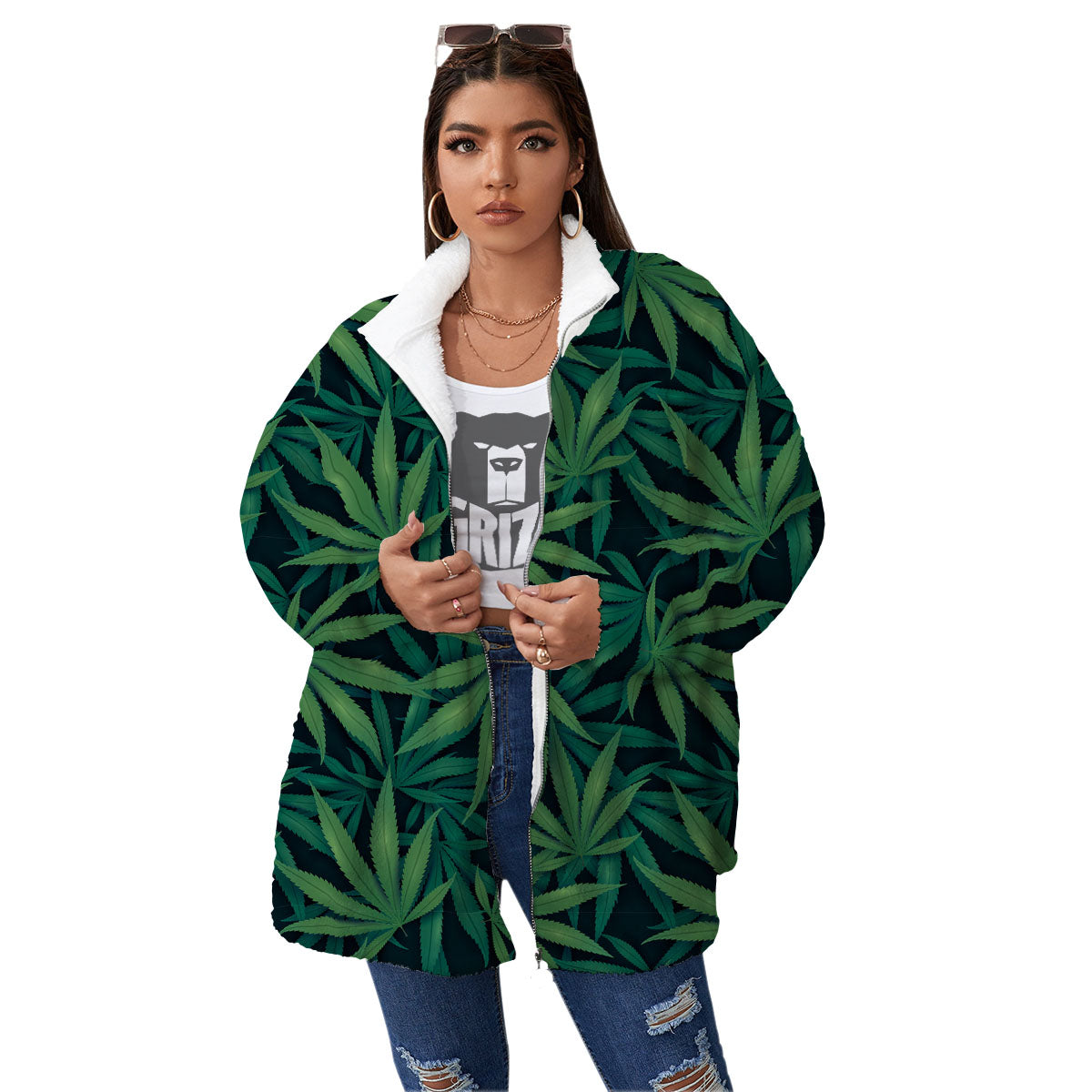 Pot Leaf Print Pattern Women's Sherpa Jacket-grizzshop