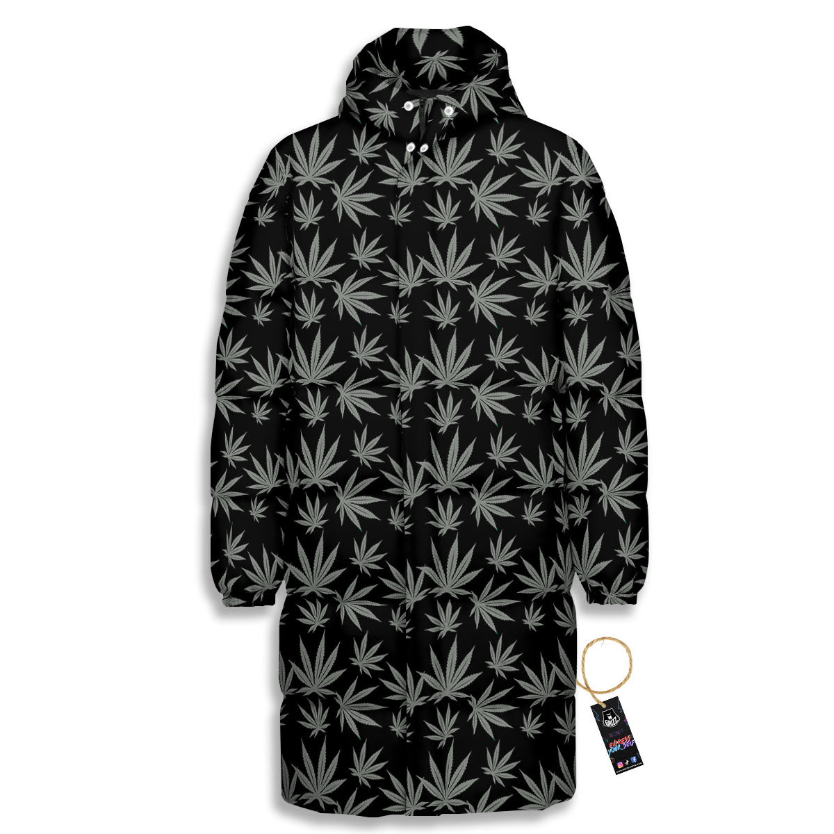 Pot Leaf Grey And Black Print Pattern Long Down Jacket