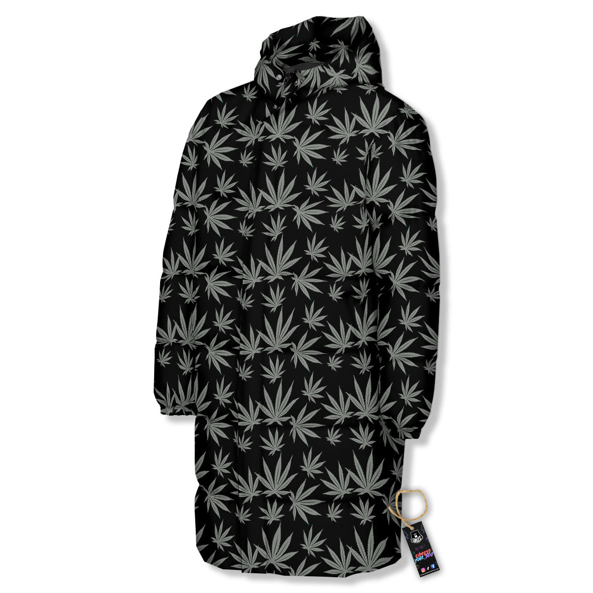 Pot Leaf Grey And Black Print Pattern Long Down Jacket