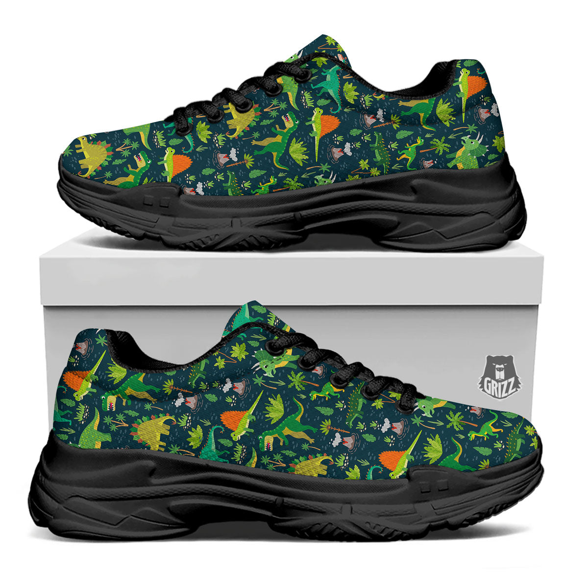 Prehistoric Plants And Dinosaur Print Black Chunky Shoes-grizzshop
