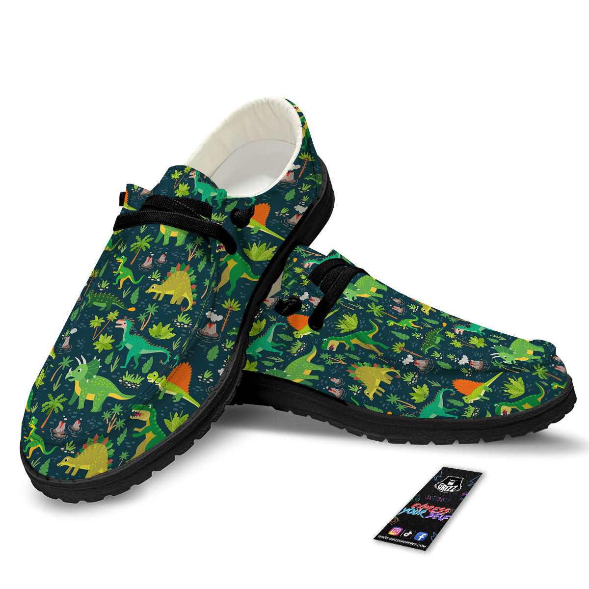 Prehistoric Plants And Dinosaur Print Black Loafers-grizzshop