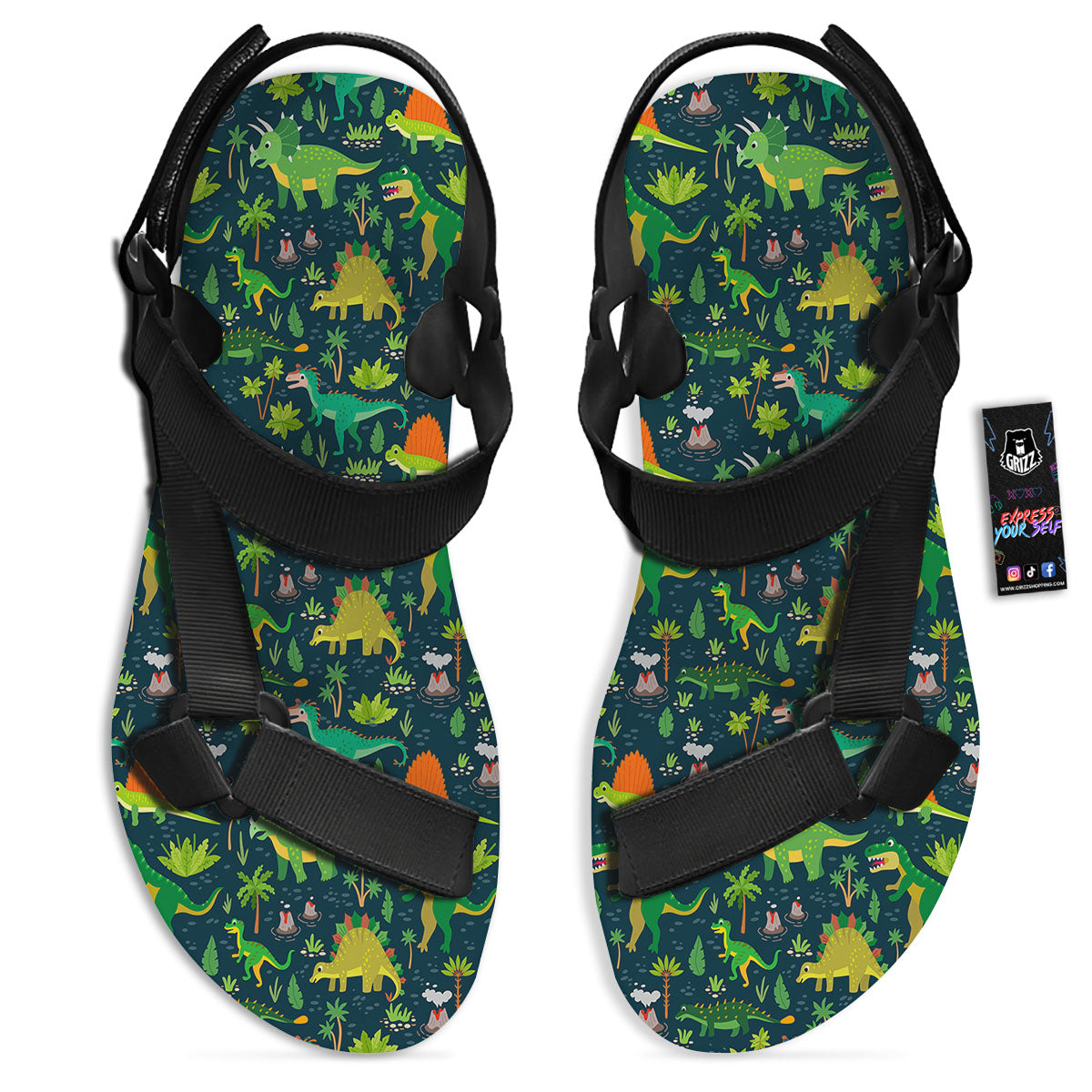 Prehistoric Plants And Dinosaur Print Black Open Toe Sandals-grizzshop