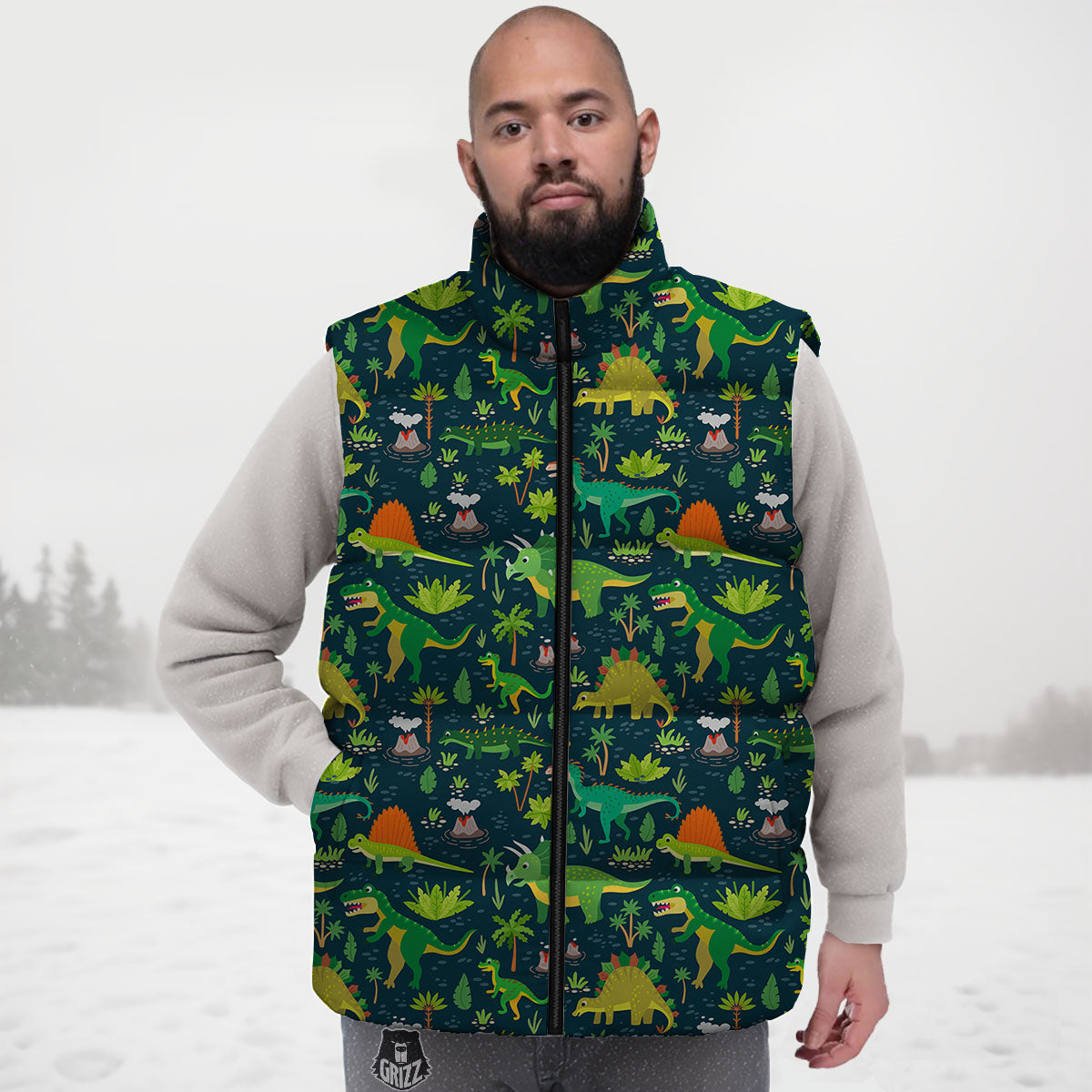 Prehistoric Plants And Dinosaur Print Down Vest