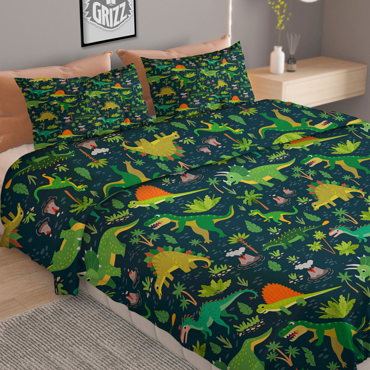 Prehistoric Plants And Dinosaur Print Duvet Cover Bedding Set