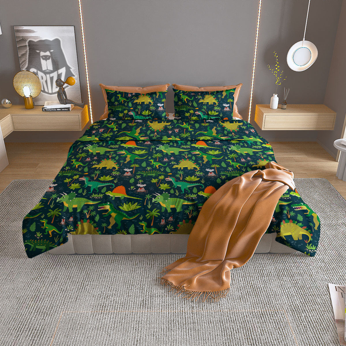 Prehistoric Plants And Dinosaur Print Duvet Cover Bedding Set
