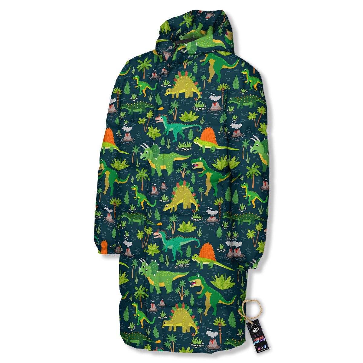 Prehistoric Plants And Dinosaur Print Long Down Jacket-grizzshop