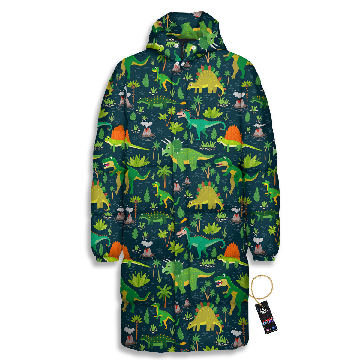 Prehistoric Plants And Dinosaur Print Long Down Jacket-grizzshop