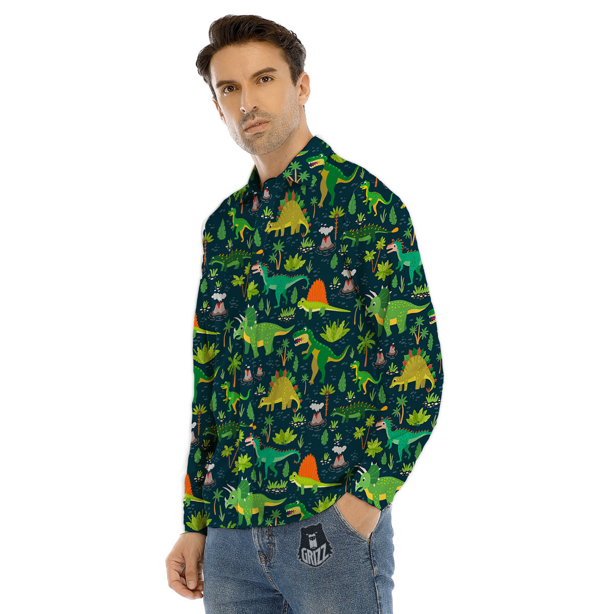 Prehistoric Plants And Dinosaur Print Men's Dress Shirts-grizzshop