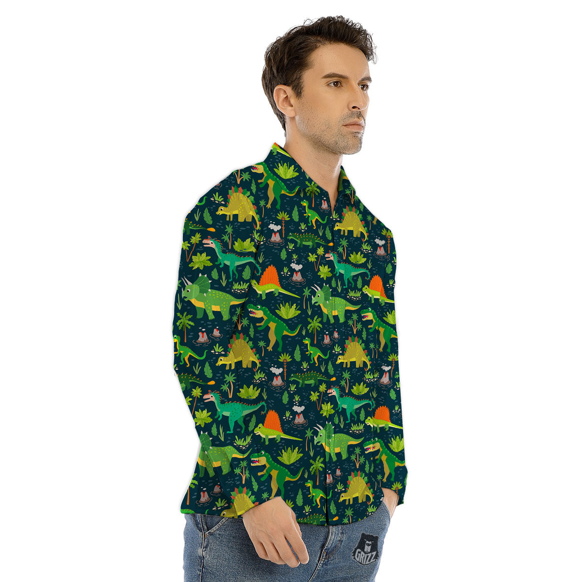 Prehistoric Plants And Dinosaur Print Men's Dress Shirts-grizzshop