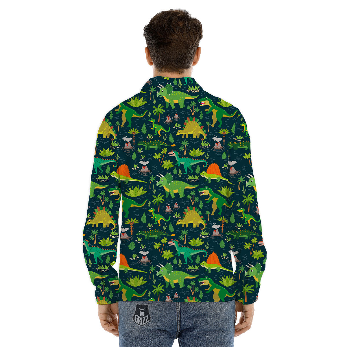 Prehistoric Plants And Dinosaur Print Men's Dress Shirts-grizzshop