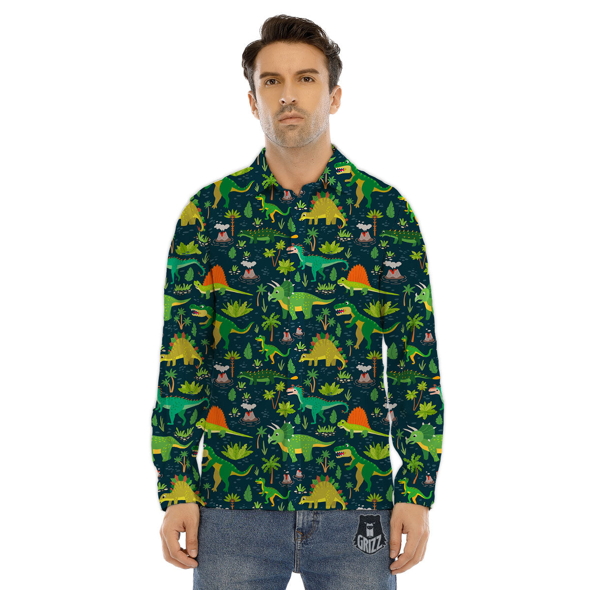 Prehistoric Plants And Dinosaur Print Men's Dress Shirts-grizzshop