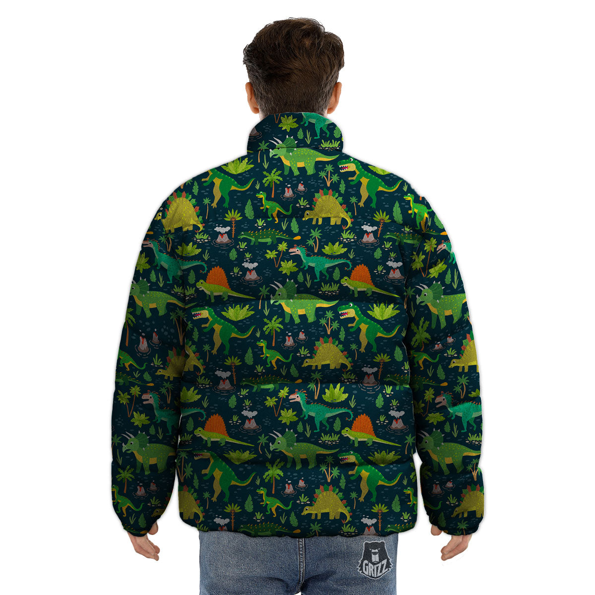 Prehistoric Plants And Dinosaur Print Puffer Jacket-grizzshop