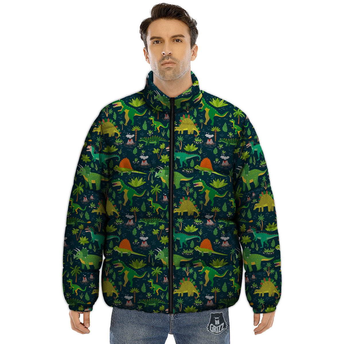 Prehistoric Plants And Dinosaur Print Puffer Jacket-grizzshop