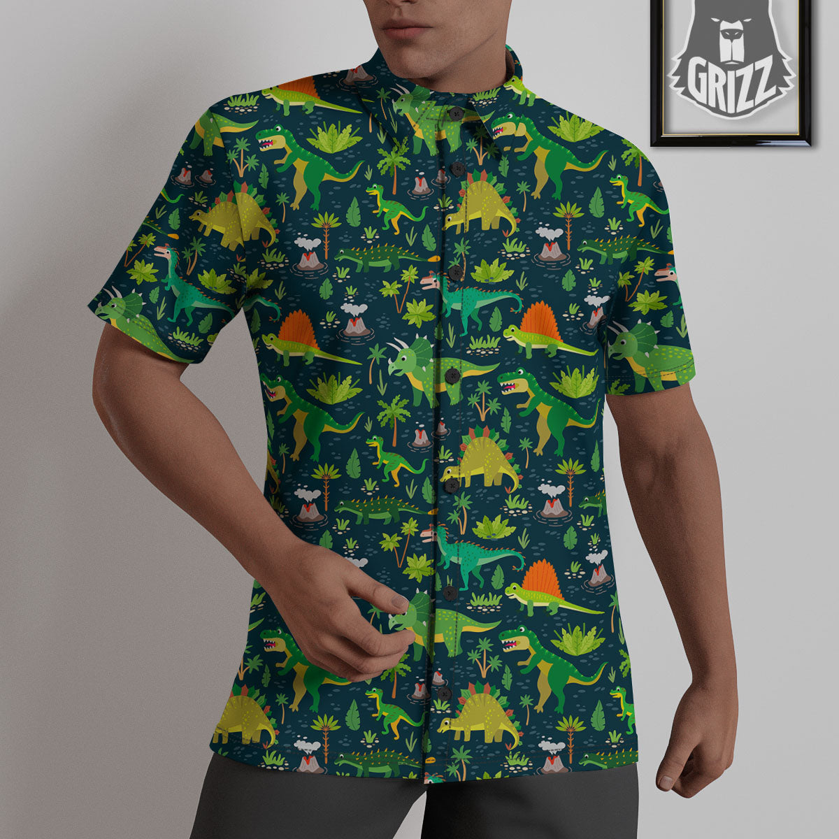 Prehistoric Plants And Dinosaur Print Untucked Shirts-grizzshop