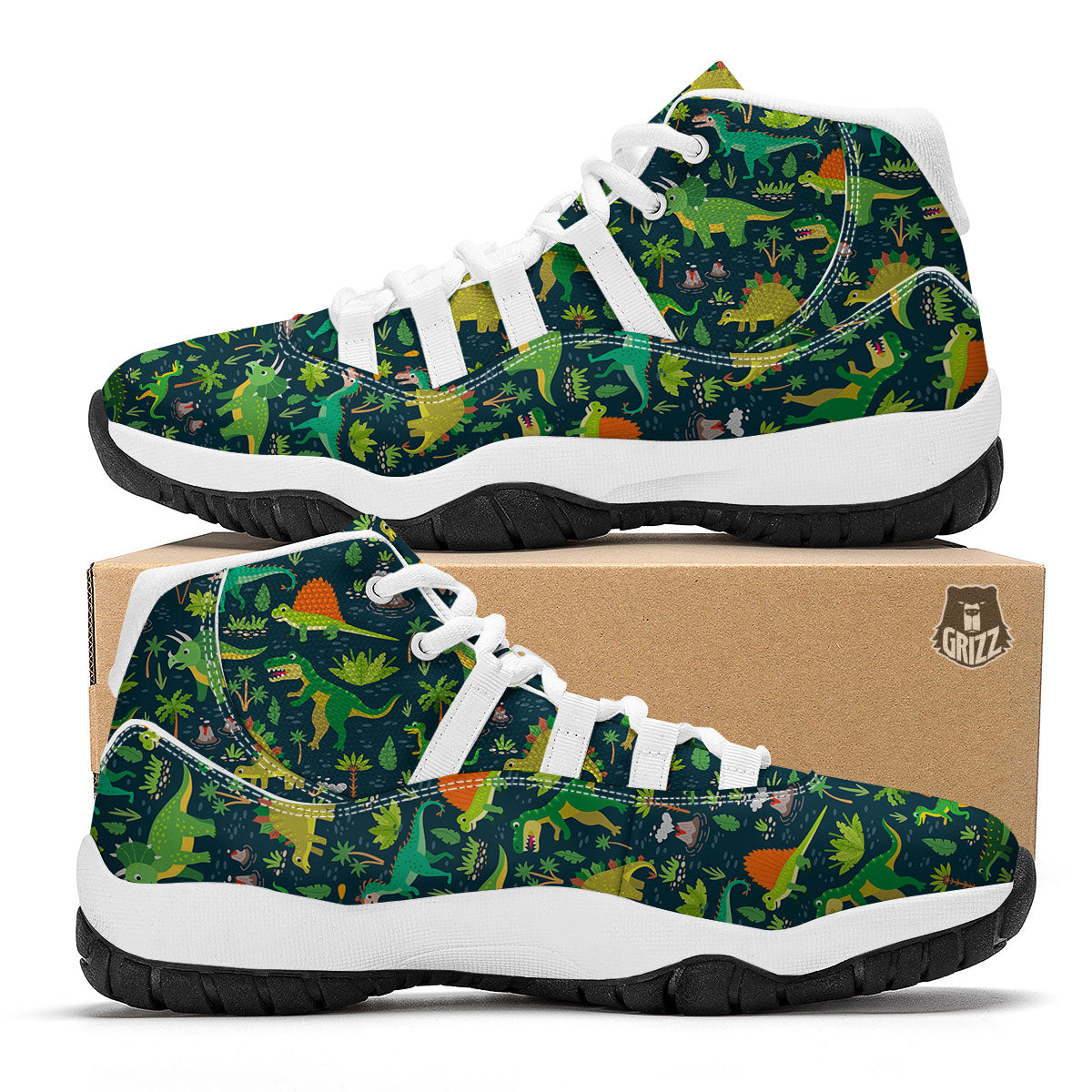 Prehistoric Plants And Dinosaur Print White Bball Shoes-grizzshop